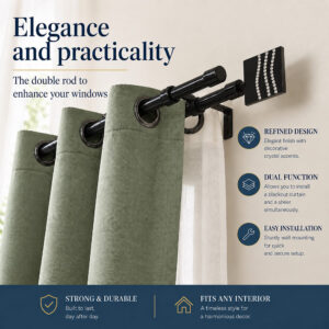 Infographic "Elegance and practicality", black double curtain rod with green drapes, callouts for refined design, dual function, easy installation, strong and durable, fits any interior