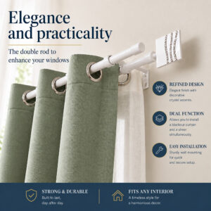 Infographic "Elegance and practicality", white double curtain rod with green drapes, callouts for refined design, dual function, easy installation, strong and durable, fits any interior