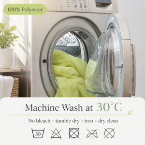 Care guide for the machine washable polyester sheer curtains, cold wash and low tumble dry