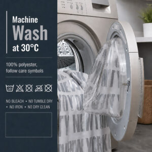 Light gray New York City polyester curtain in a washing machine with 30°C wash care symbols