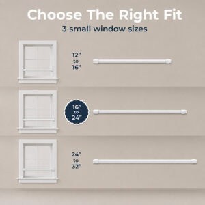 Size comparison chart showing three adjustable white cafe rods for small windows, spanning twelve to sixteen, sixteen to twenty four, and twenty four to thirty two inches.