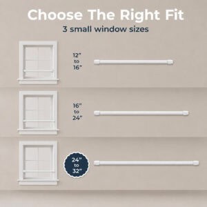 Size comparison chart showing three adjustable white cafe rods for small windows, spanning twelve to sixteen, sixteen to twenty four, and twenty four to thirty two inches.