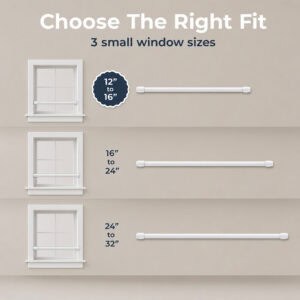Size comparison chart showing three adjustable white cafe rods for small windows, spanning twelve to sixteen, sixteen to twenty four, and twenty four to thirty two inches.