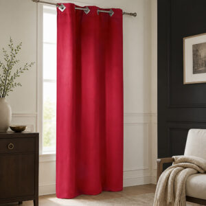 Ruby red suede curtain panel against a cream wall in a living room, 55 x 95 inches