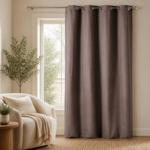 Mocha brown cotton drapery panel styled in a living room setting