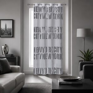 Light gray New York City drapery panel with silver lettering in a modern urban living room