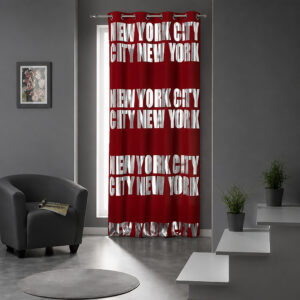 Red New York City drapery panel with silver lettering in a gray urban living room