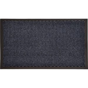 Blue textured door mat with black border, product view on white background