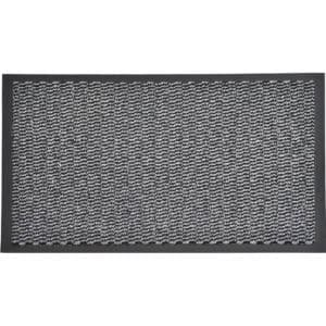 Gray textured door mat with black border, product view on white background