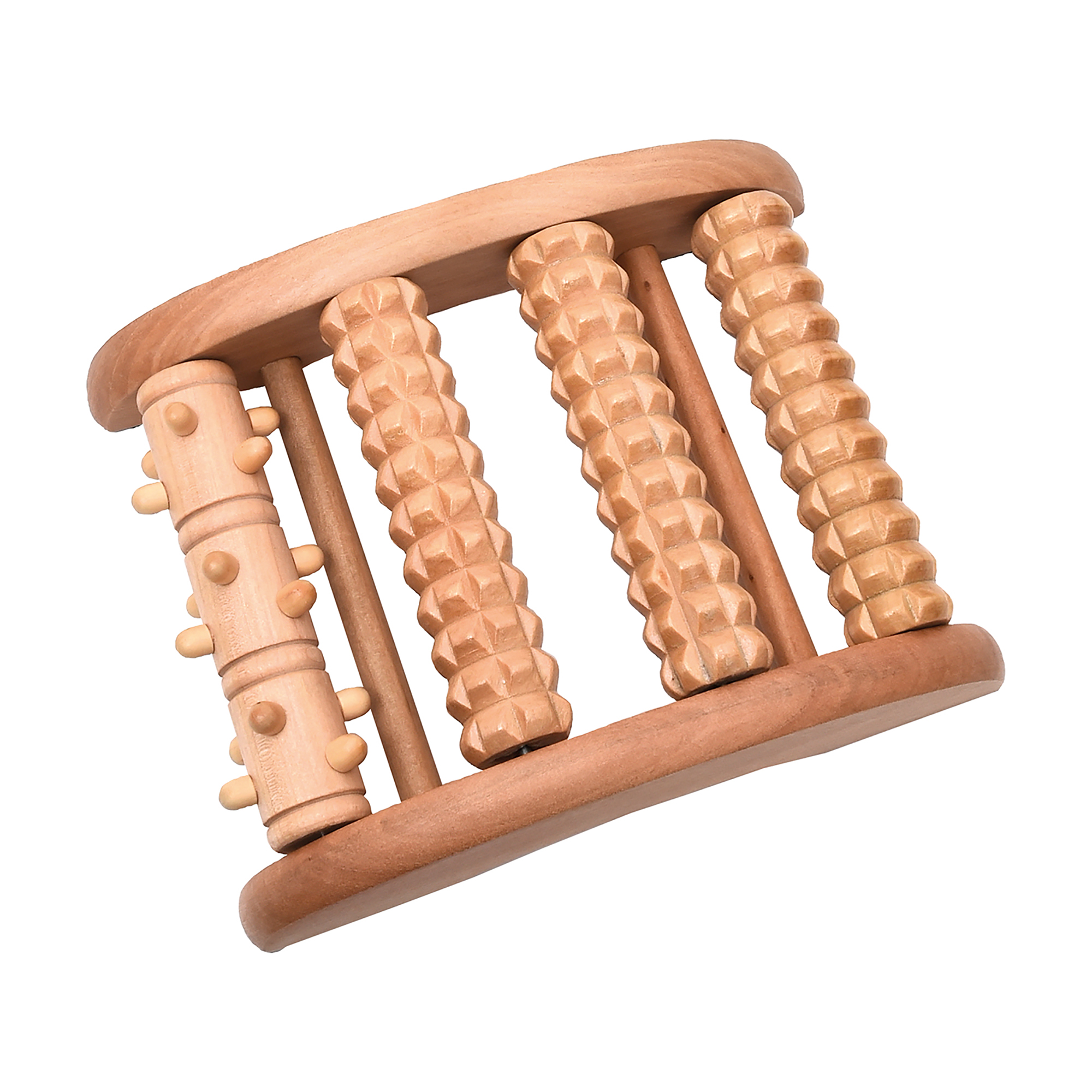 Wooden foot roller massager with curved frame, multiple textured rolling cylinders, and smooth roller with pressure points