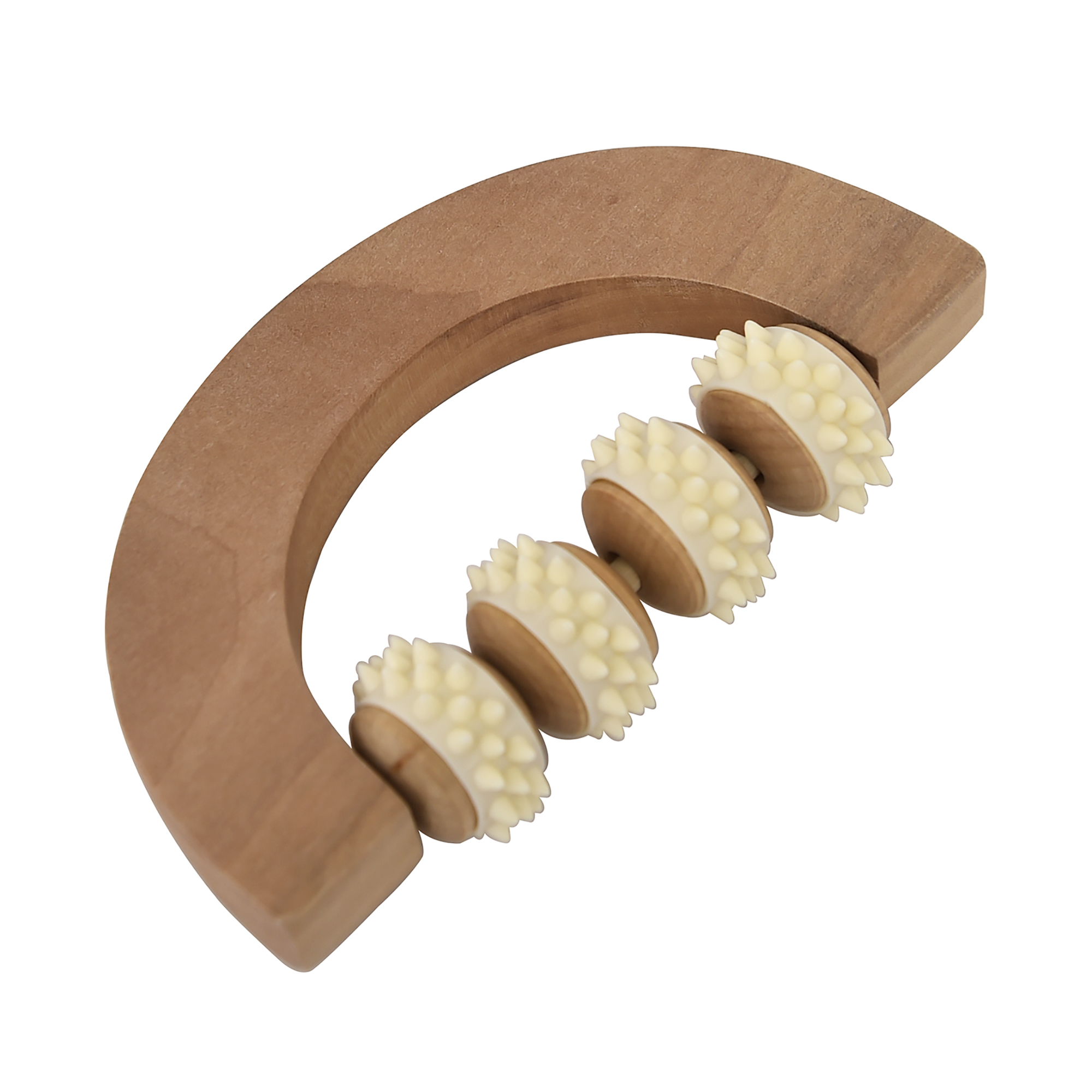 Curved wooden hand massage roller with four textured rubber wheels for muscle relief and acupressure
