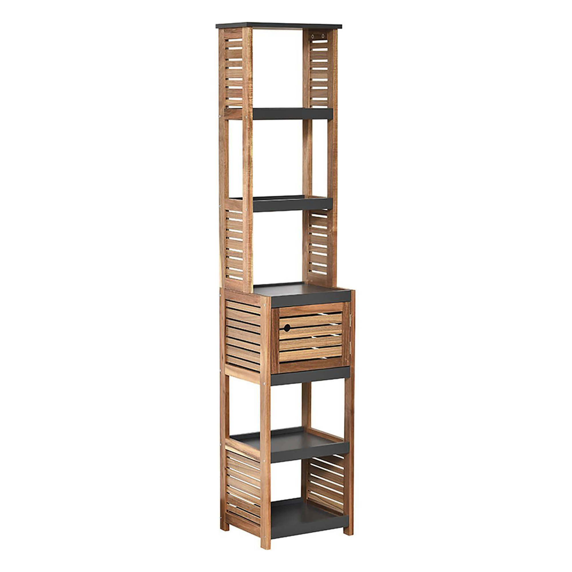 Tall Freestanding Storage Cabinet – Wooden cabinet with louvered design and gray top.