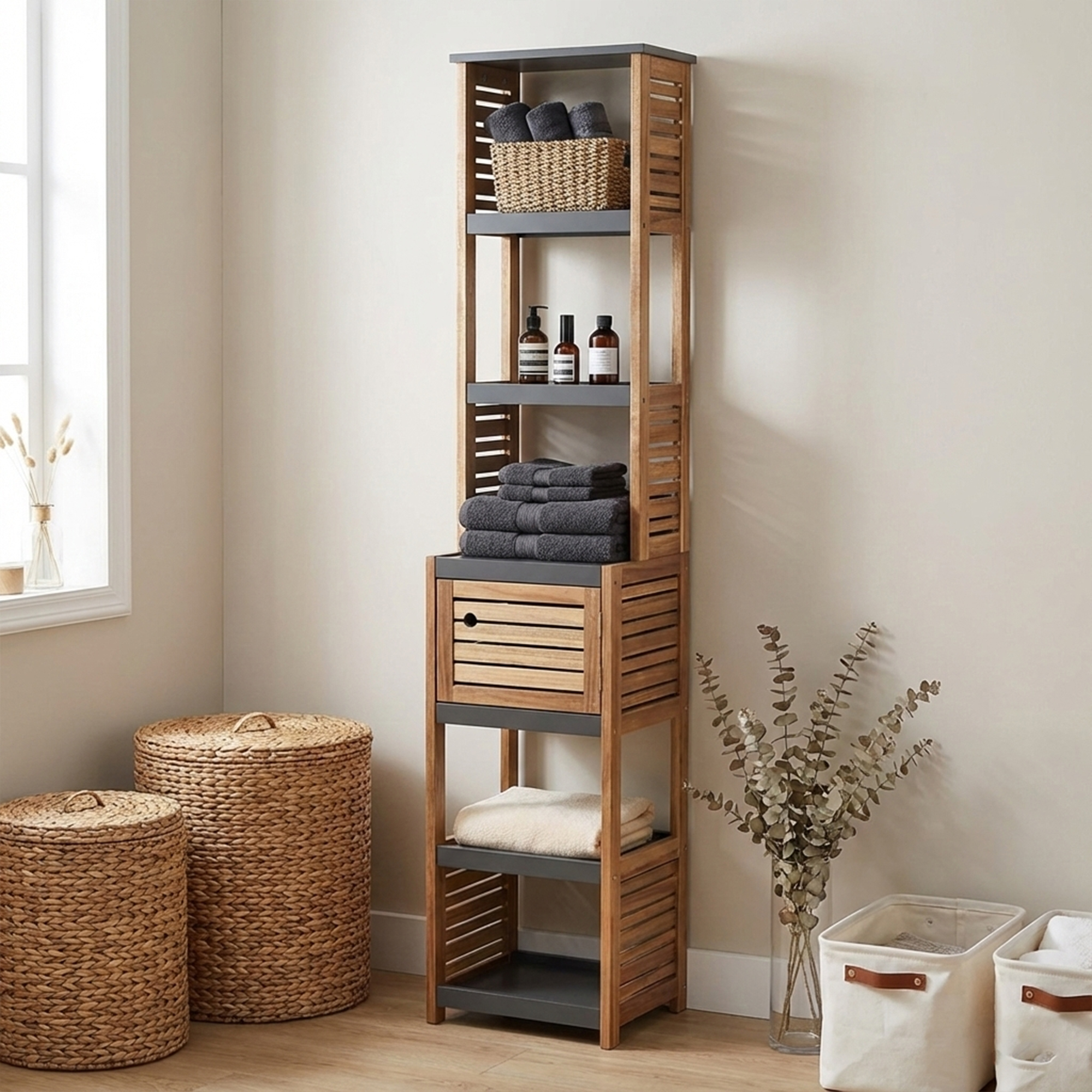 “Tall freestanding wood storage cabinet with open shelves and vented door”