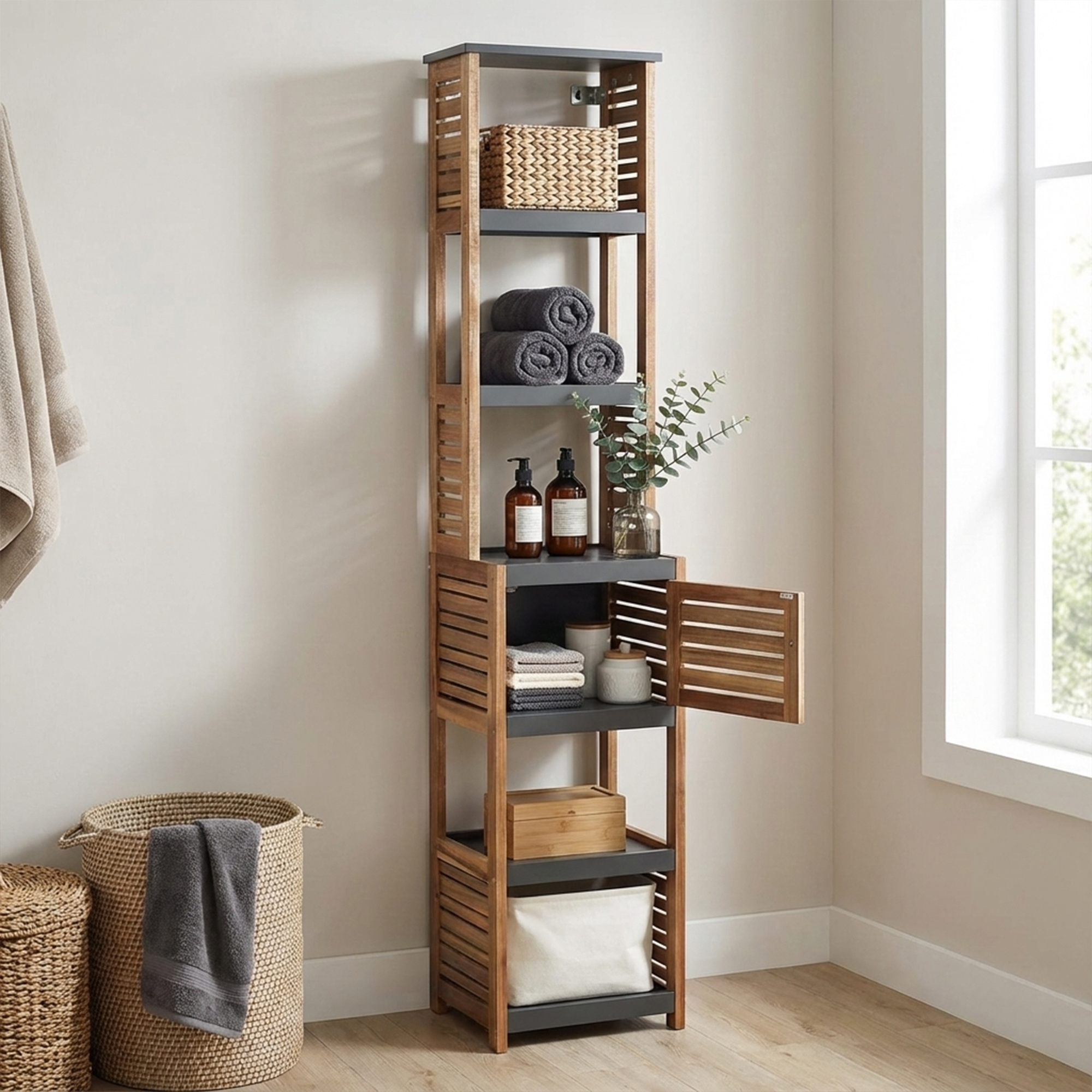 “Tall wood storage cabinet with open vented door showing shelves”