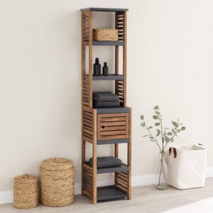 “Tall wood slatted storage cabinet with drawer and multiple shelves”
