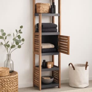 “Wood tall cabinet with vented door open displaying towels and accessories”