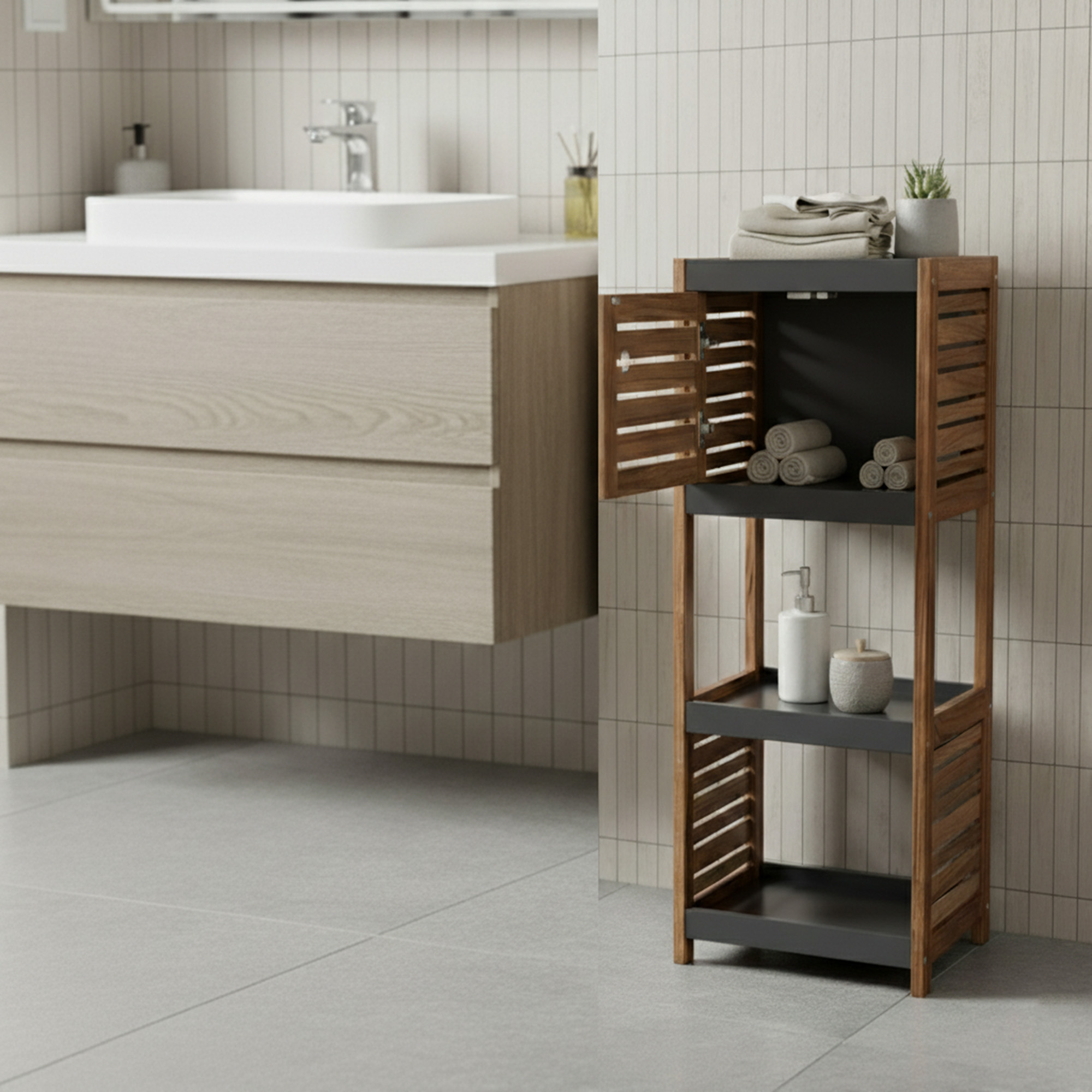 "Open louvered cabinet door revealing rolled towels inside, with two open shelves below, next to a floating vanity"