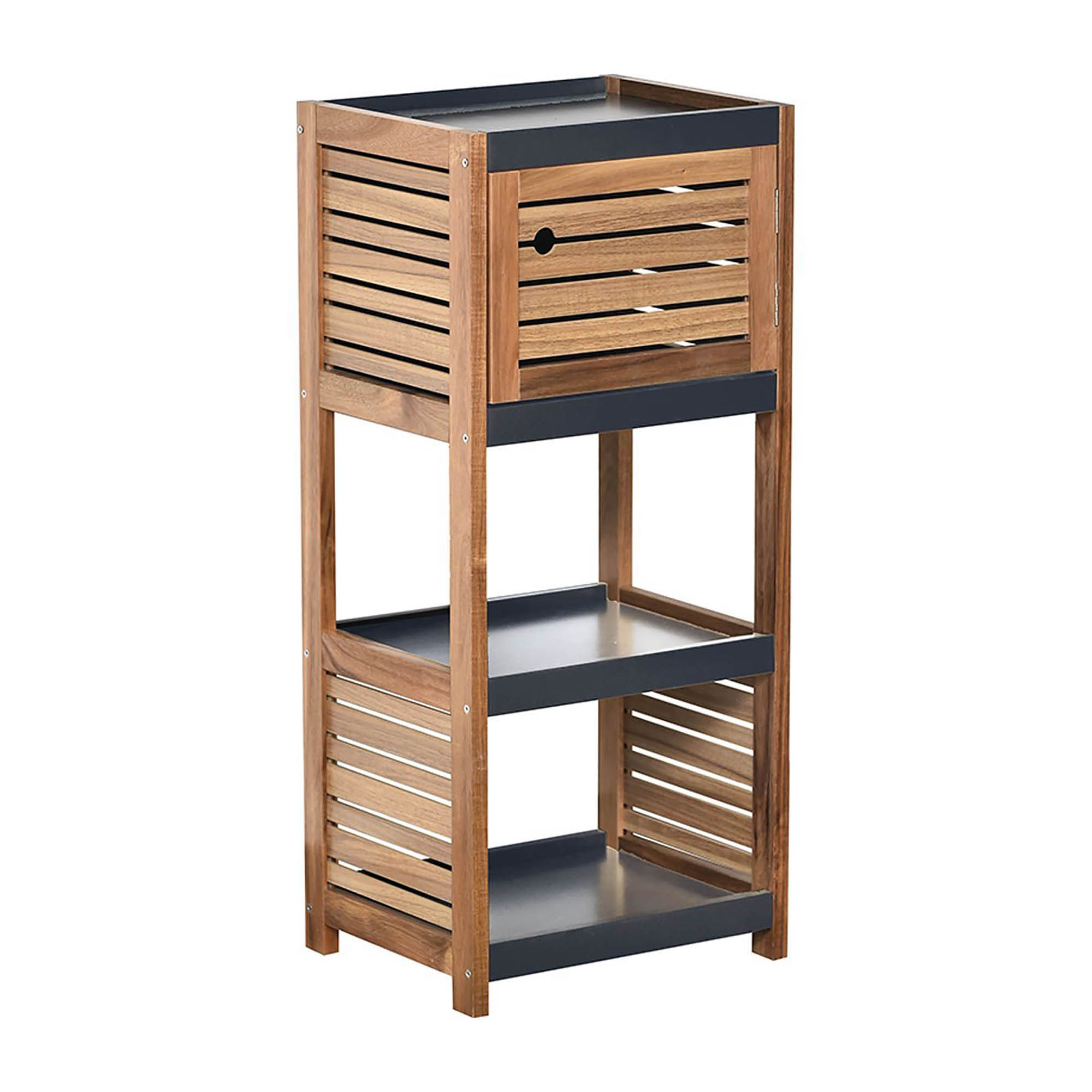 Freestanding Bathroom Cabinet – Wooden storage cabinet with a louvered door and gray top.