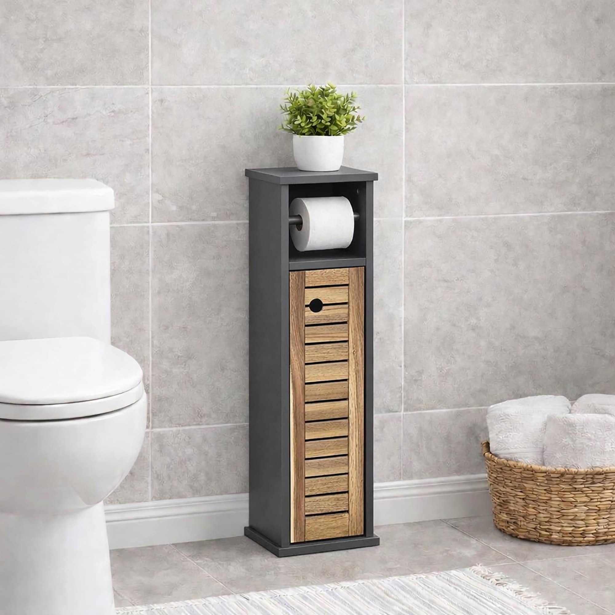 "Dark grey and acacia toilet paper cabinet with roll holder and louvered door, styled beside a toilet with a plant on top"