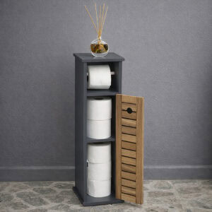 Freestanding toilet paper holder with storage cabinet in dark gray, featuring a slatted wood door and space for multiple rolls.