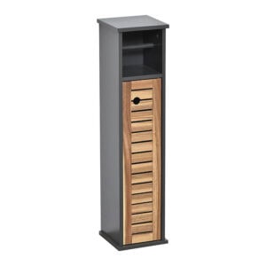 Freestanding Toilet Paper Holder with Storage – Compact cabinet with a louvered door and gray details.