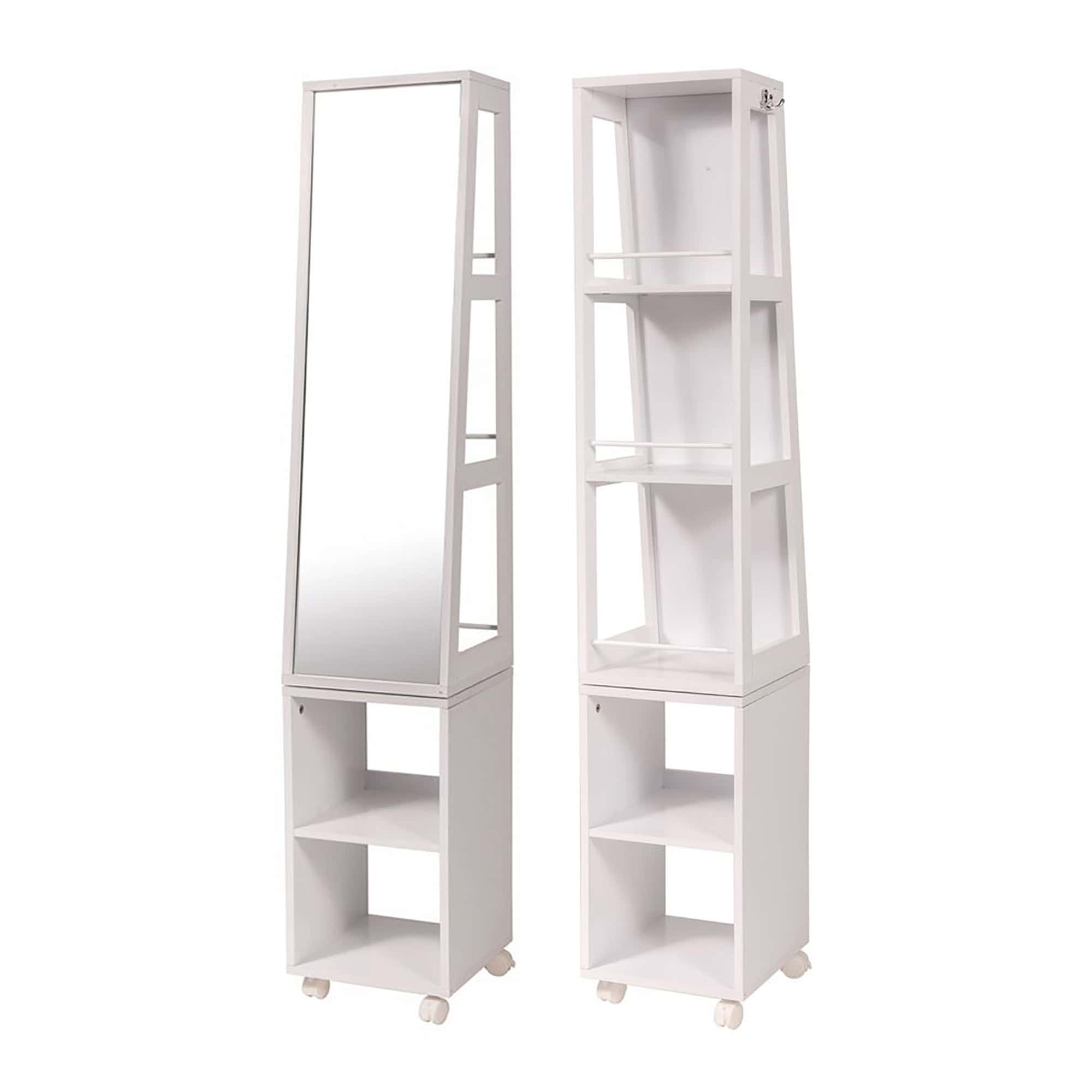 Rotating mirror cabinet front and back view – Dual-sided white cabinet featuring a full-length mirror on one side and open shelves with storage on the other, designed for rotation.