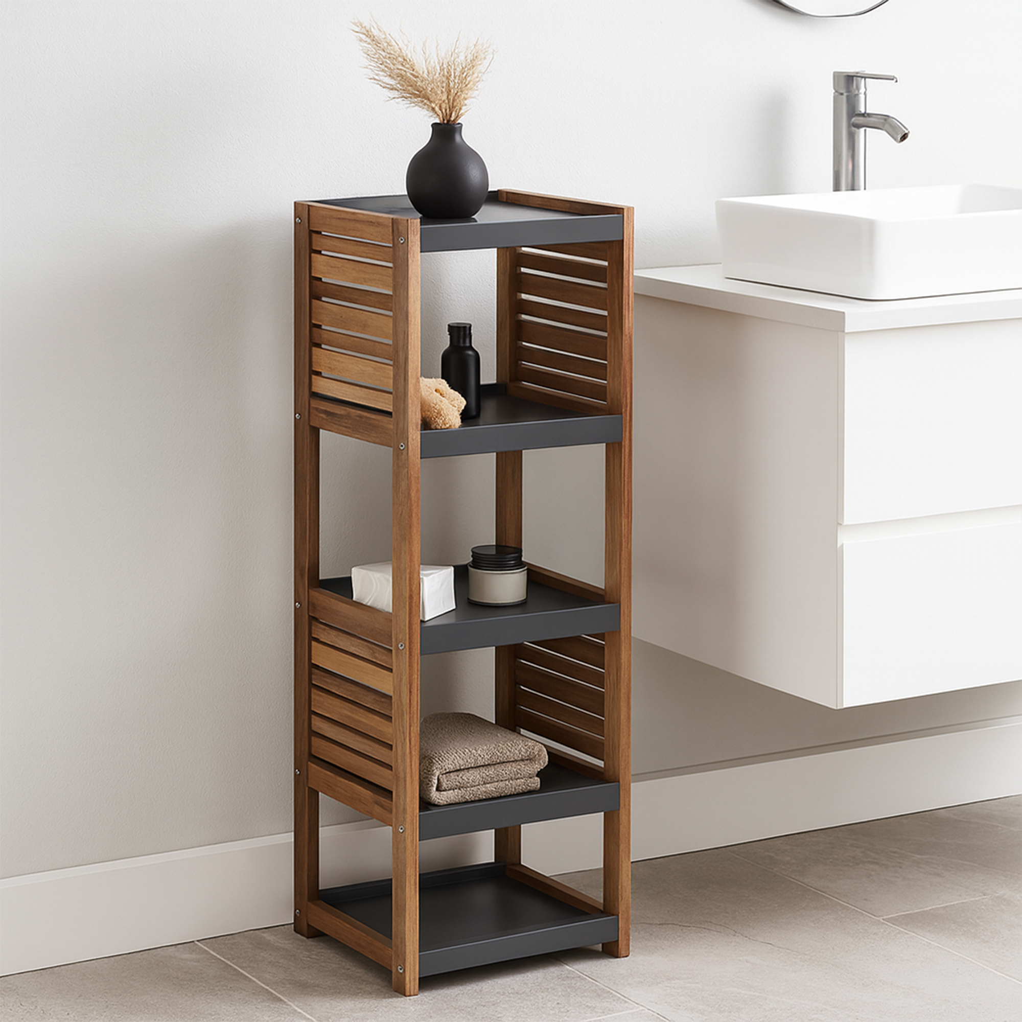 Freestanding 4-Tier Acacia Bathroom Shelf – Wooden shelf with gray trays and vented side panels.