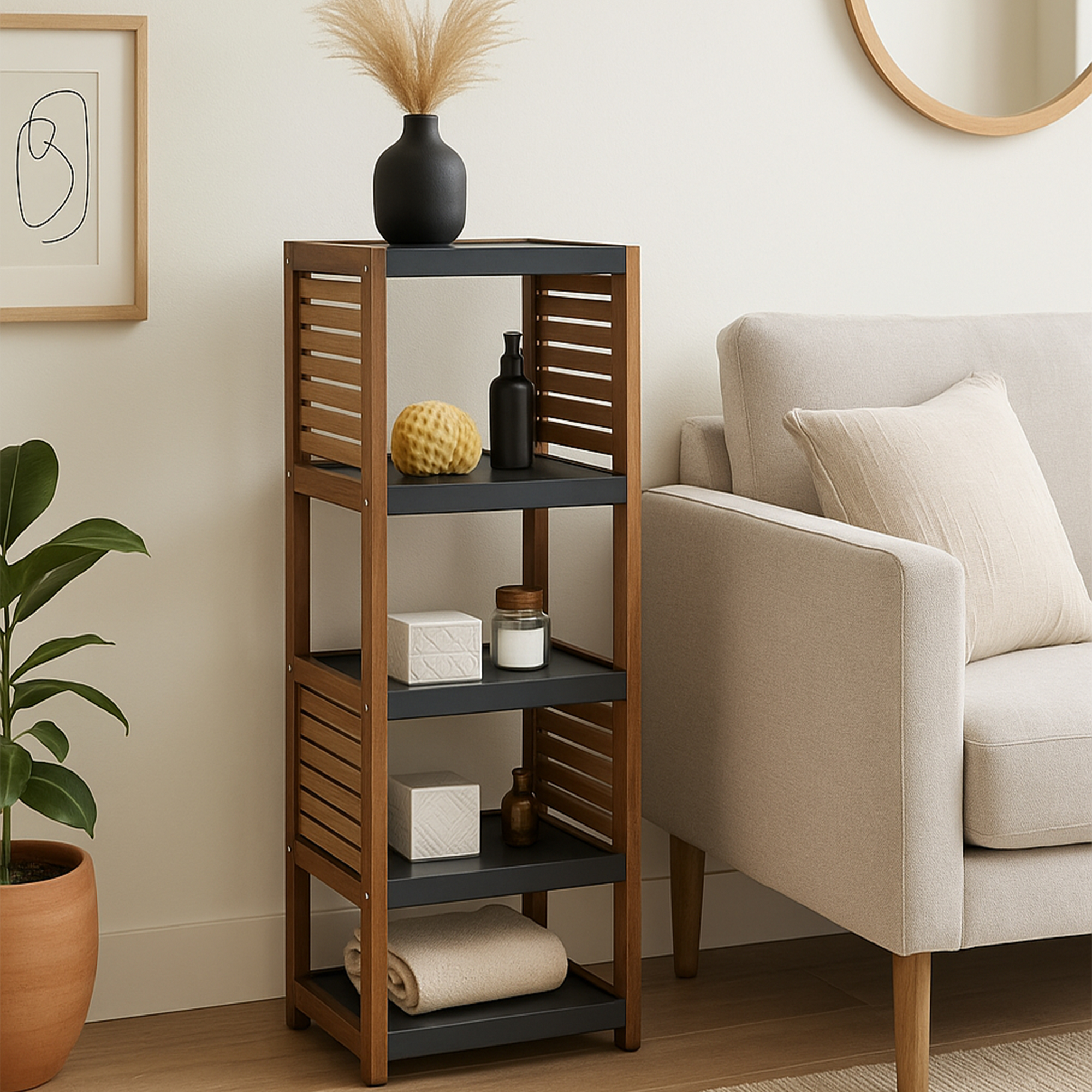 Freestanding 4-Tier Acacia Bathroom Shelf – Wooden shelf with gray trays and vented side panels.
