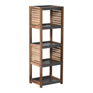 Freestanding 4-Tier Acacia Bathroom Shelf – Wooden shelf with gray trays and vented side panels.