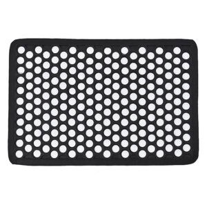 Rectangular black rubber door mat with open hole design on white background