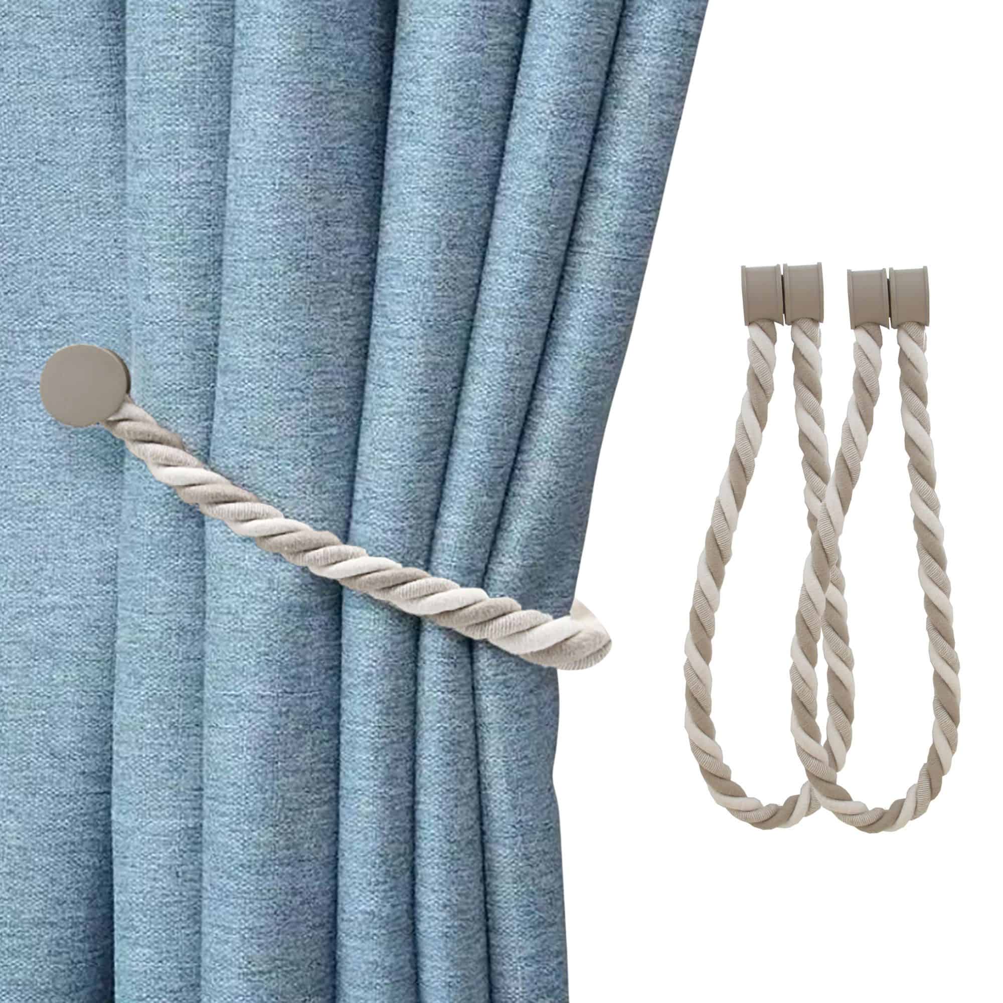 magnetic curtain tiebacks on white background and presentation on blue curtain