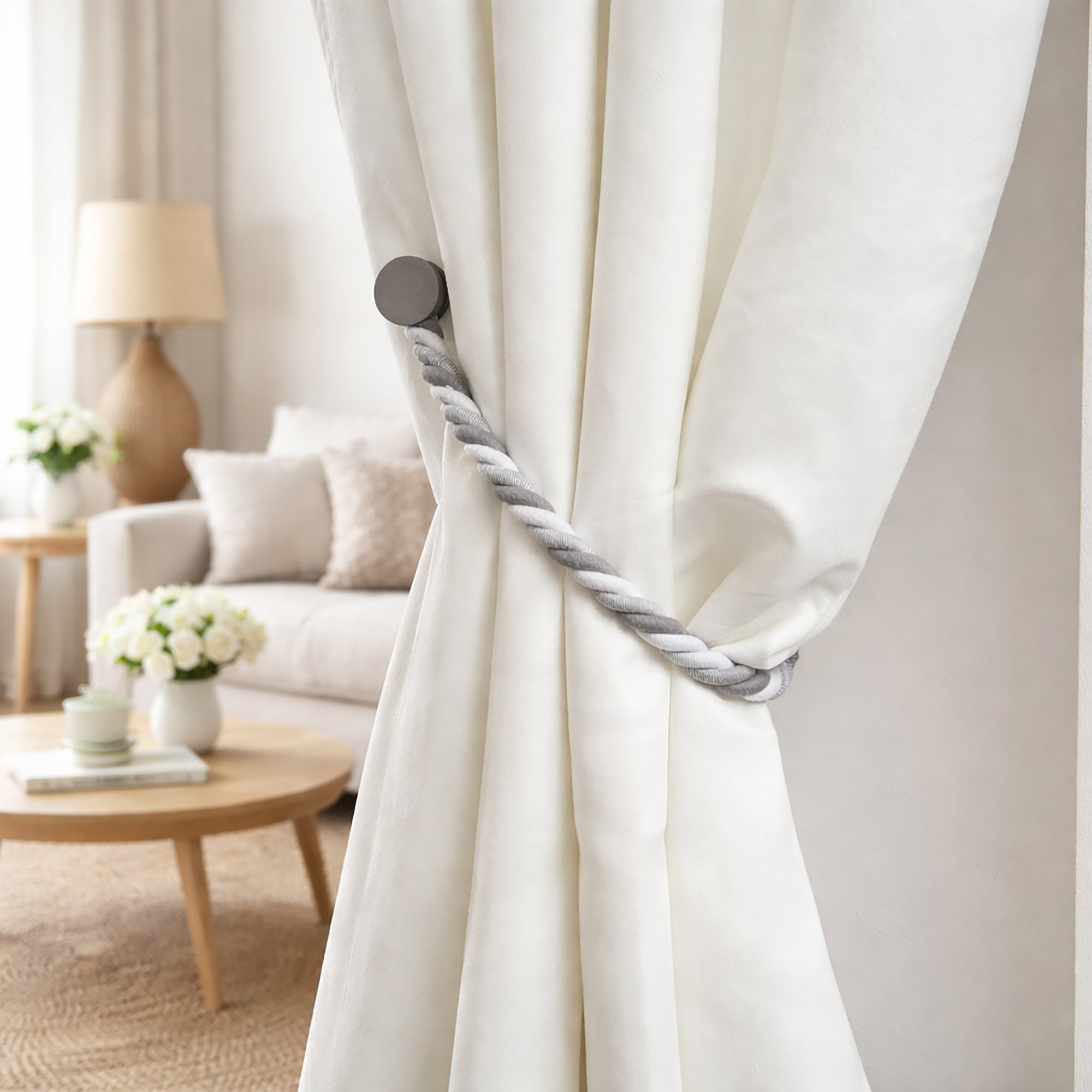 Gray braided magnetic tieback holding white curtain, living room setting