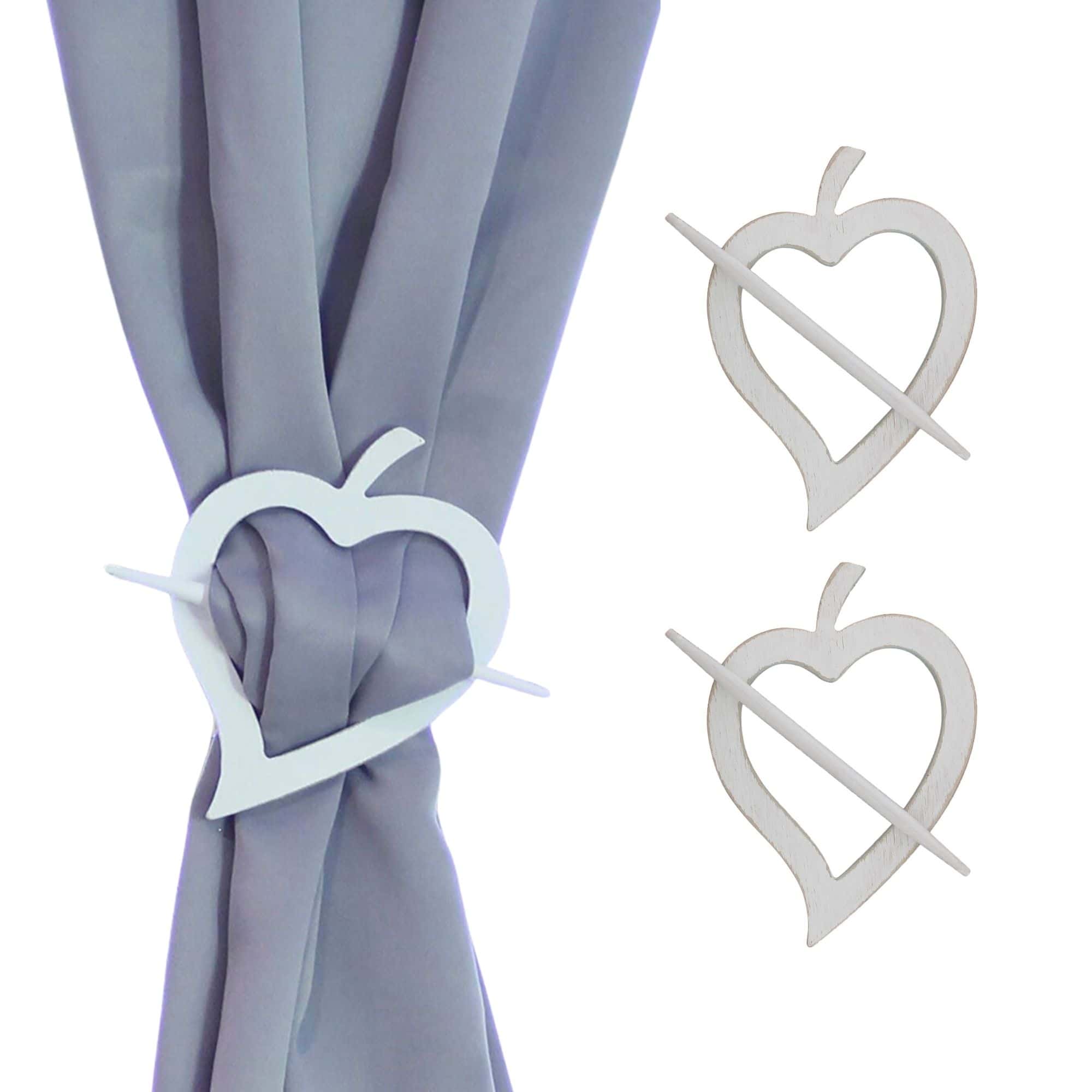 wooden heart tiebacks on white background and presentation on gray curtain