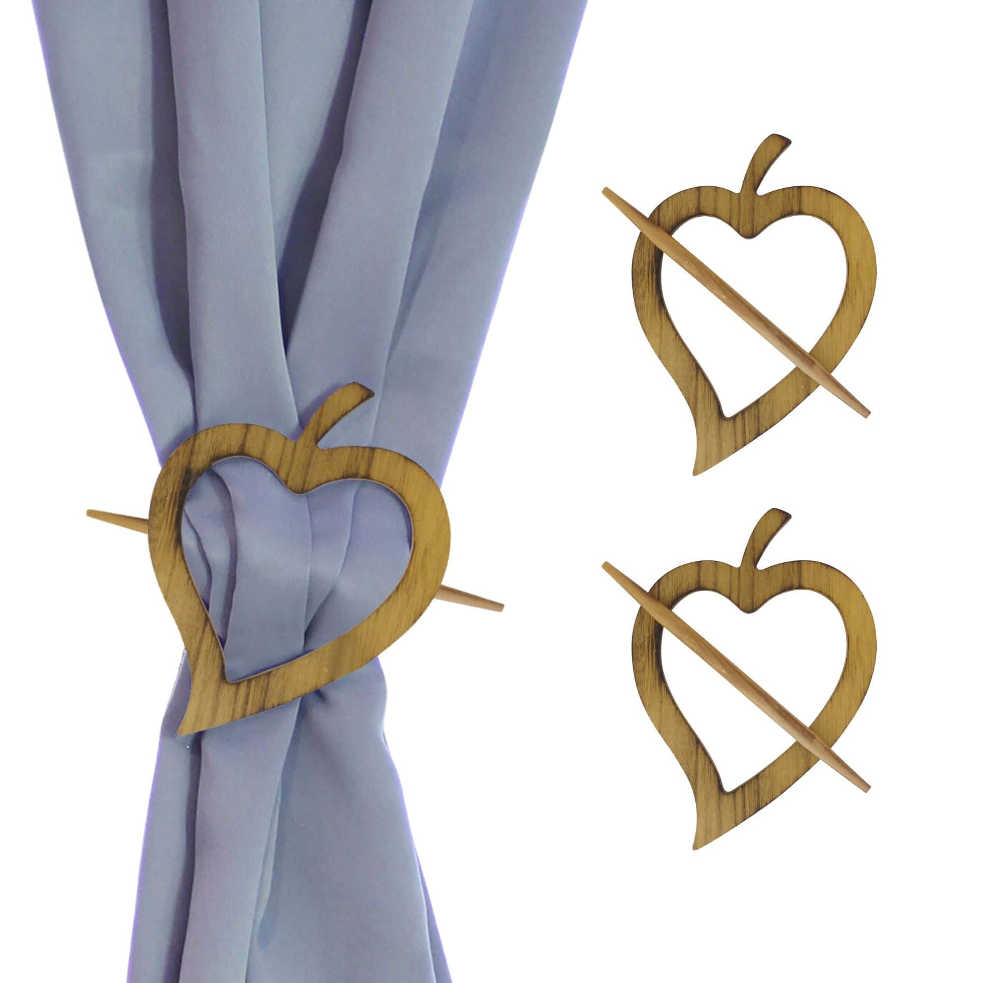 wooden heart tiebacks on white background and presentation on gray curtain