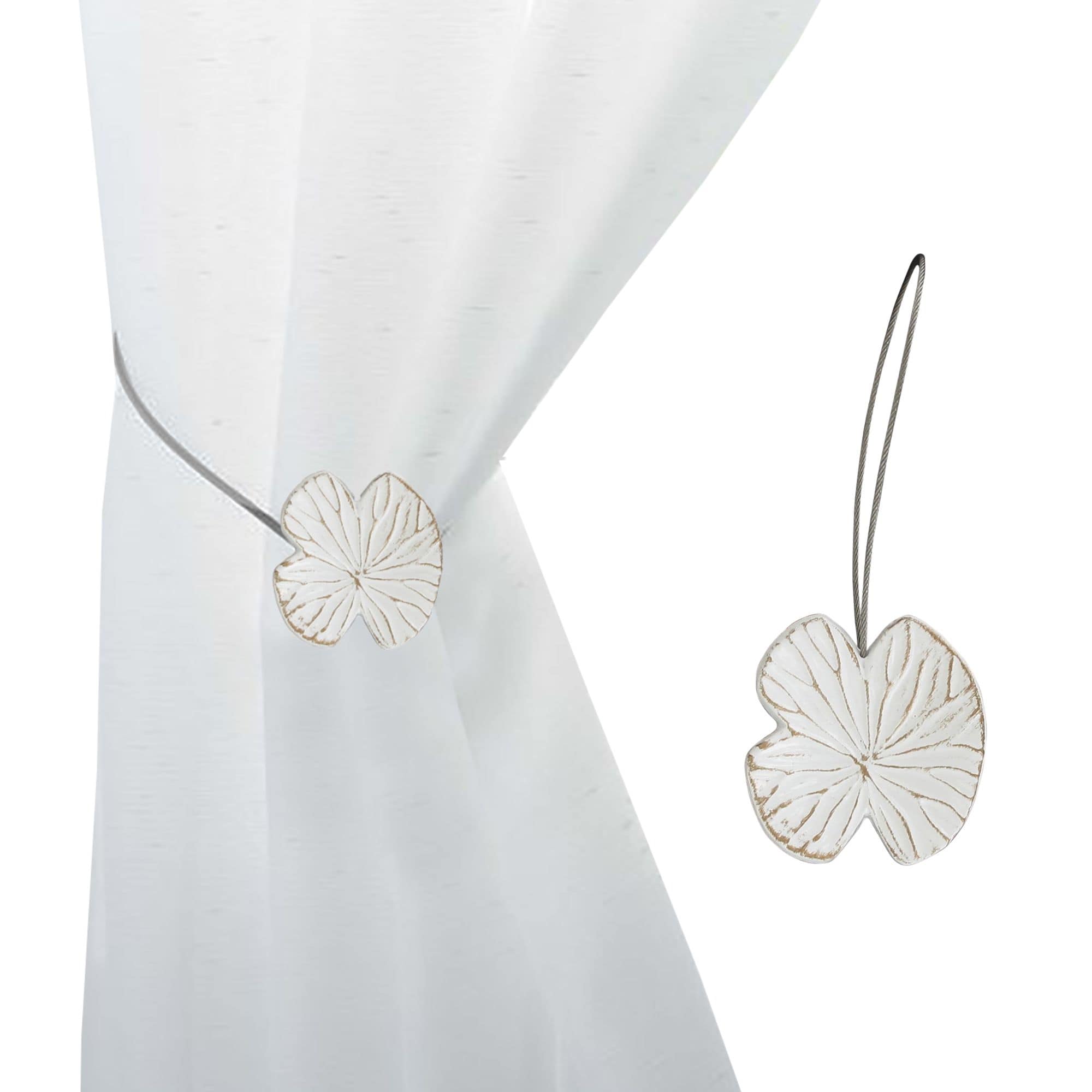 water lily curtain tie back in white, on white background and on curtain