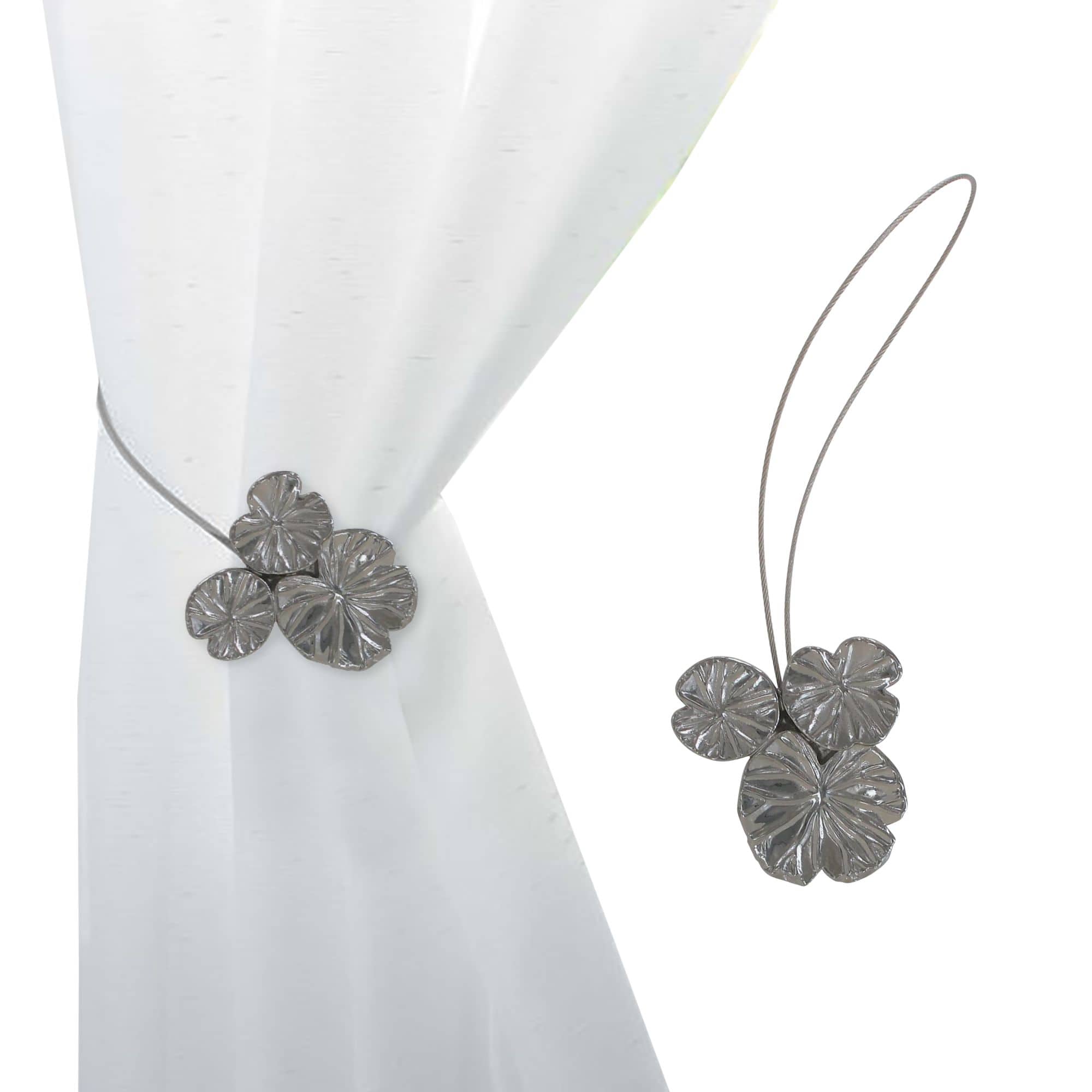 water lilies curtain tie back in graphite, on white background and on curtain