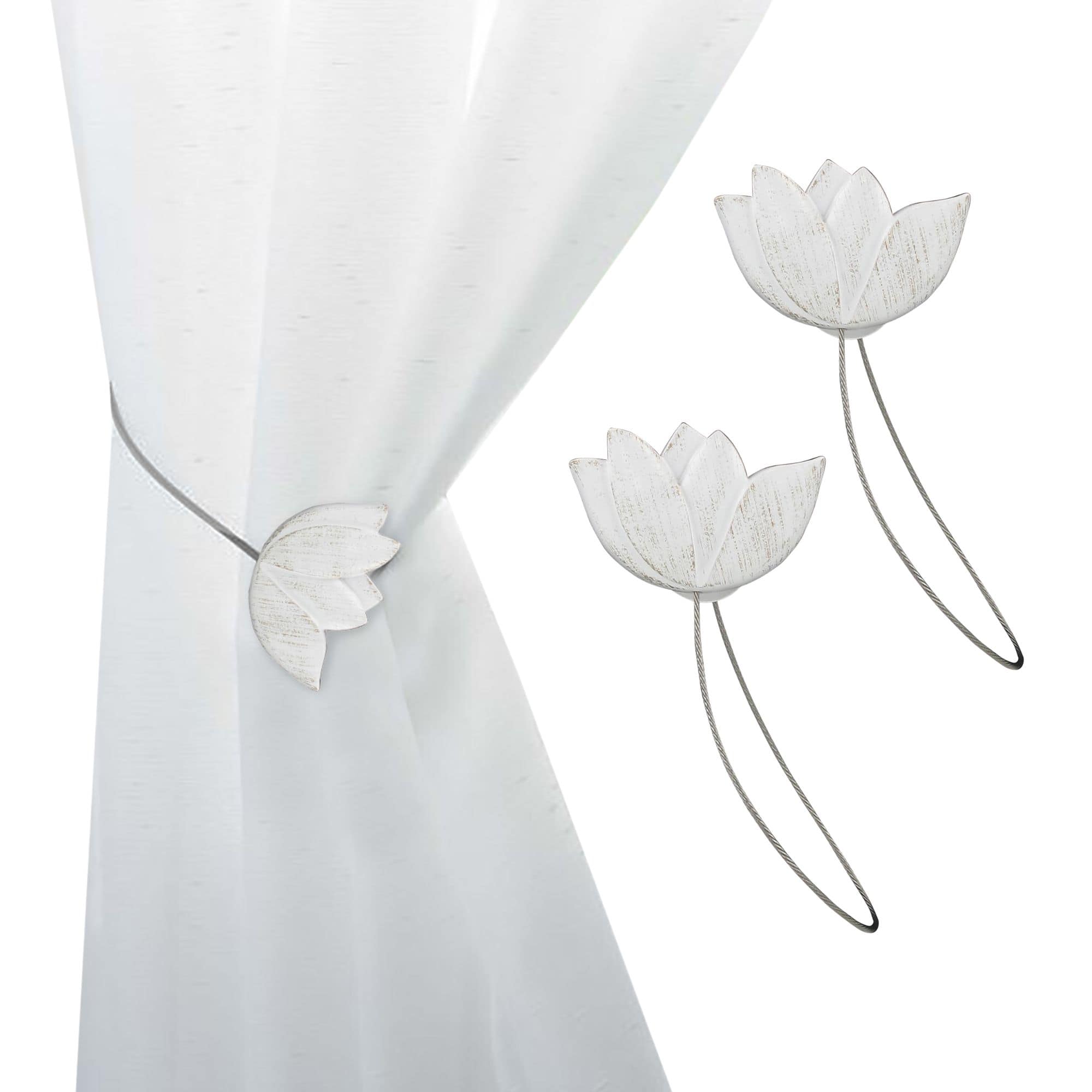 white resin tulip curtain tiebacks on white background