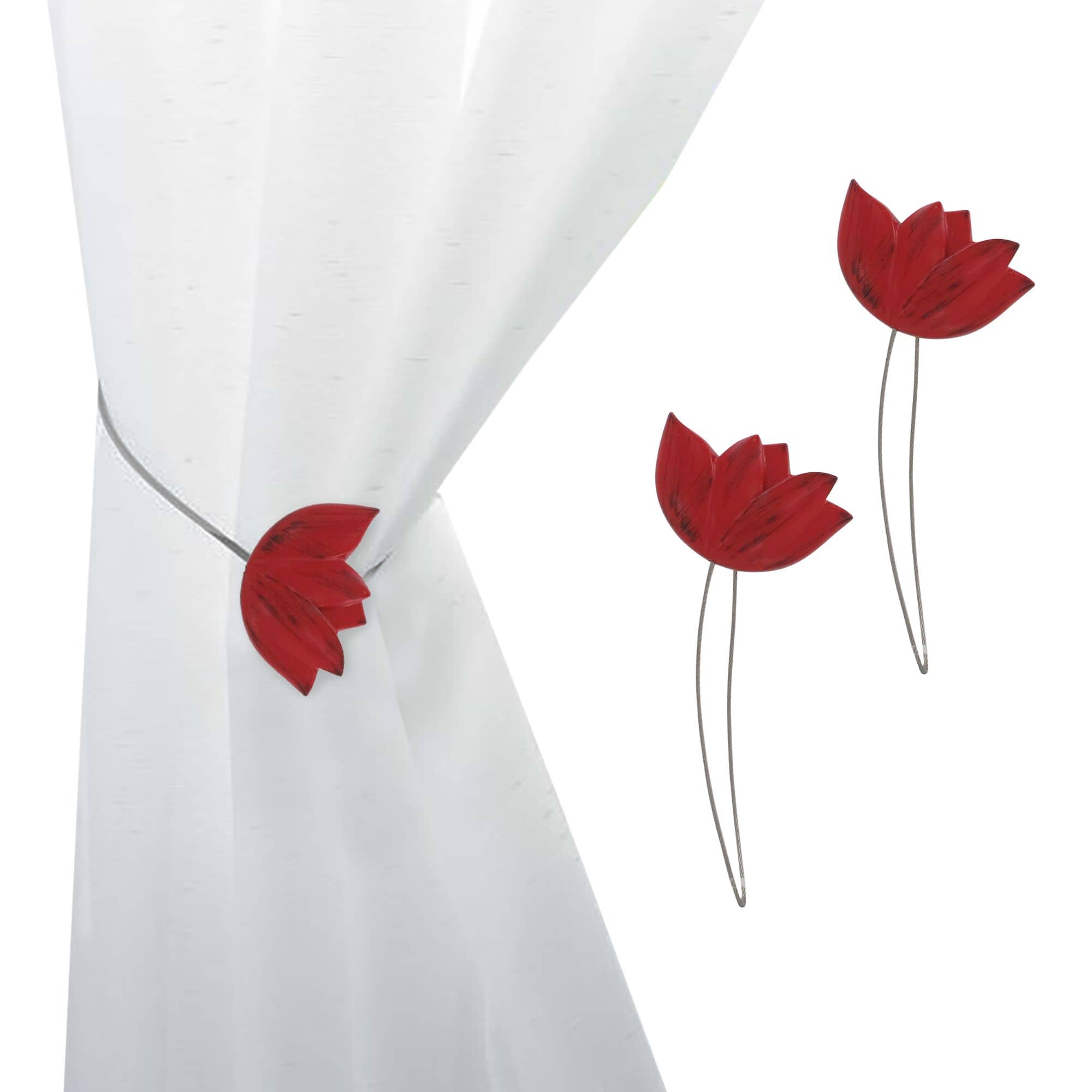 red resin tulip curtain tiebacks on white background