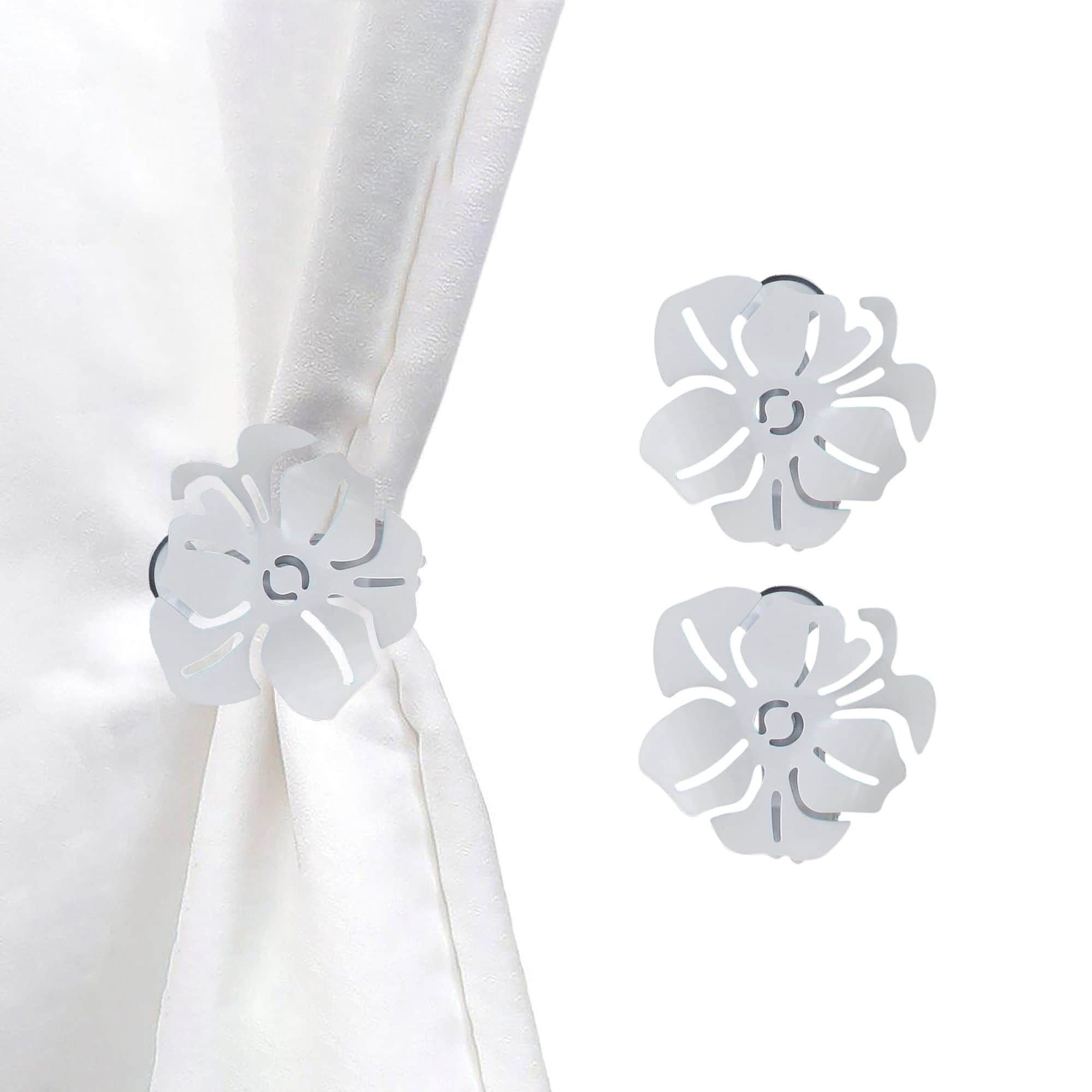 set of 2 metal flower clips for curtains in white on white background and on curtain