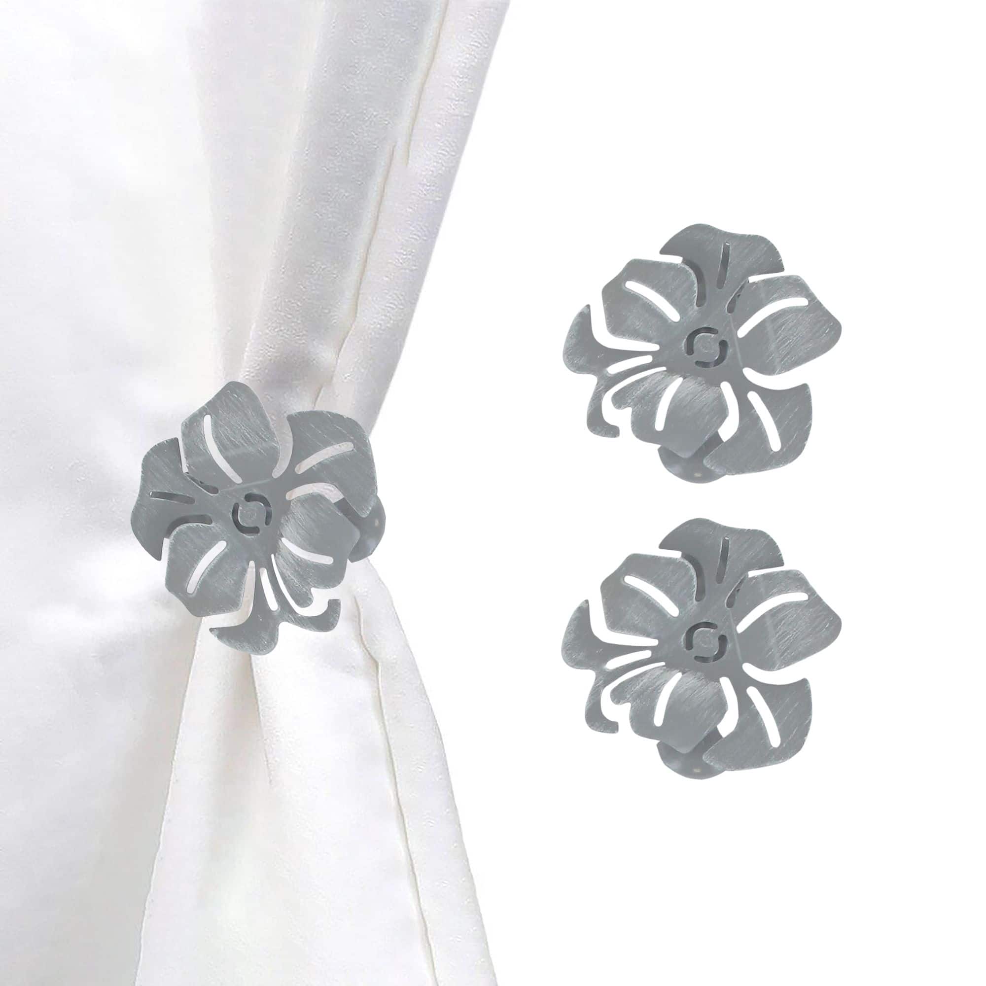 set of 2 metal flower clips for curtains in gray on white background and on curtain