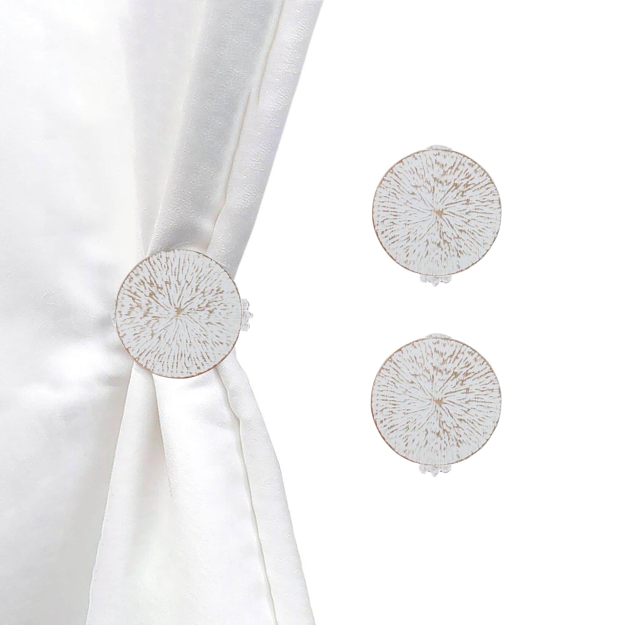 set of 2 white round clips on white background and curtain