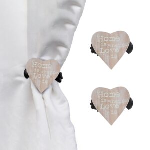 set of 2 wooden heart clips for curtain in natural color on white background and on curtain