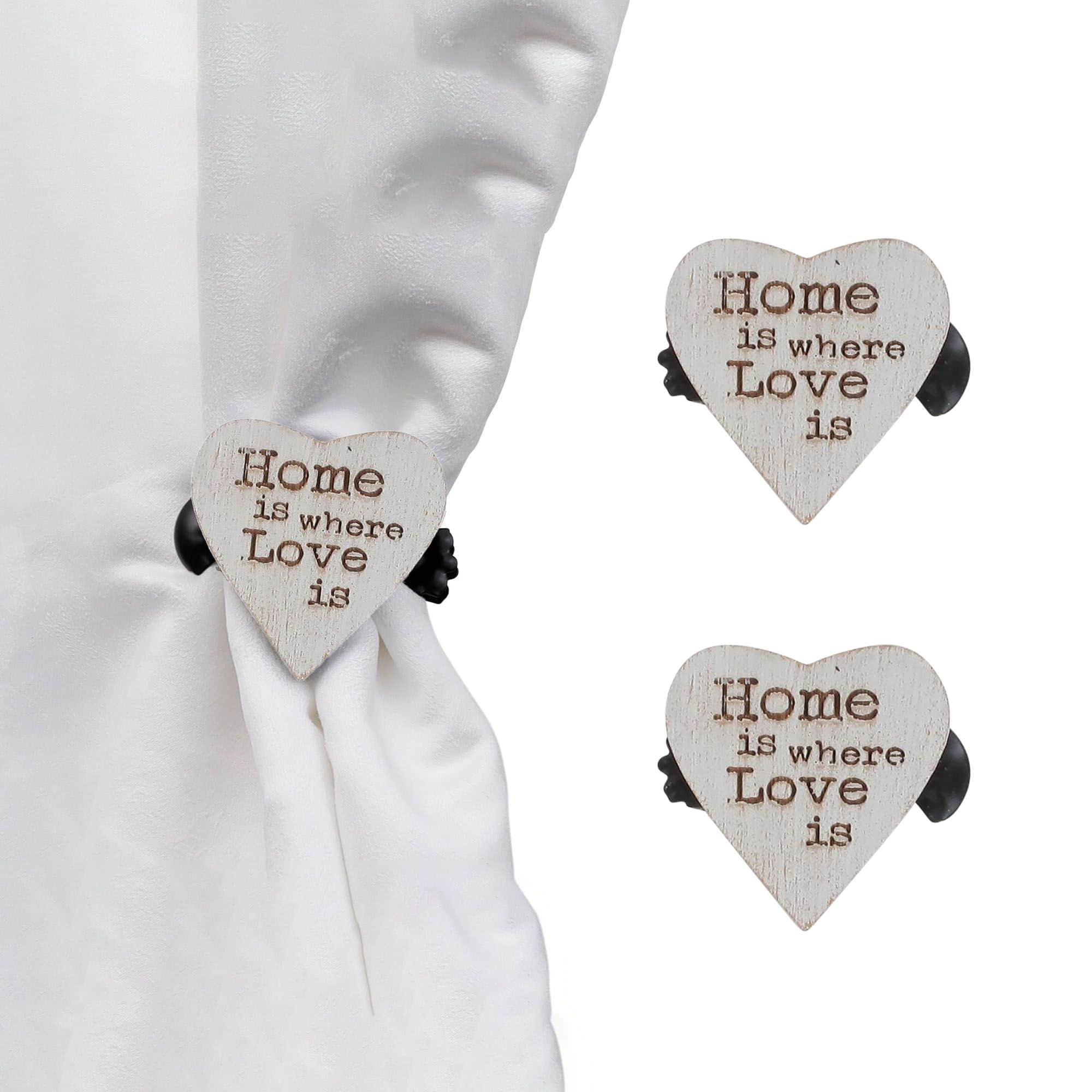 set of 2 wooden heart clips for curtain in white color on white background and on curtain