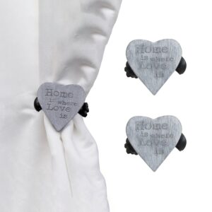 set of 2 wooden heart clips for curtain in gray color on white background and on curtain