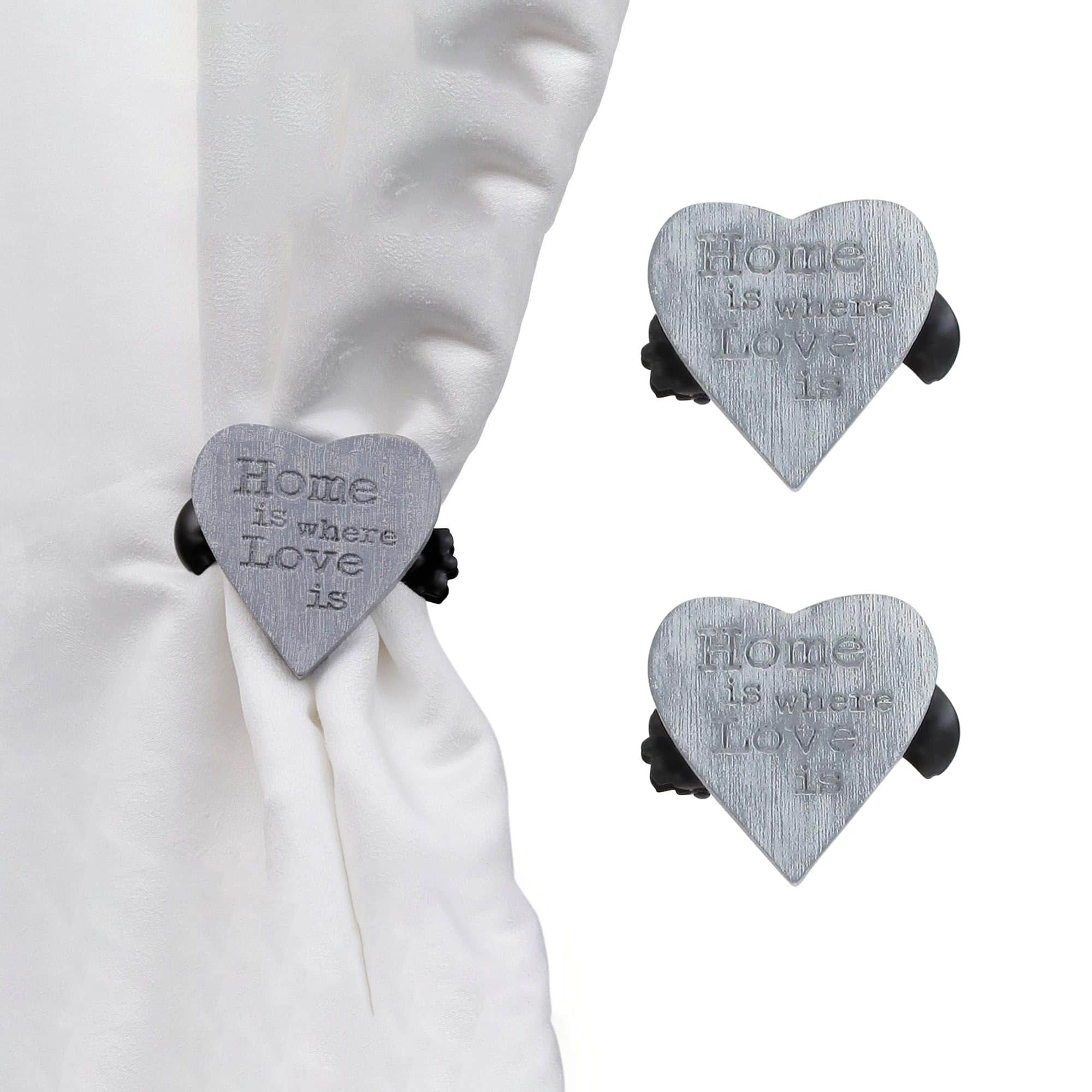 set of 2 wooden heart clips for curtain in gray color on white background and on curtain