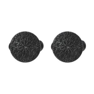Set of 2 black round textured curtain tieback clips on white background