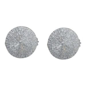 Set of 2 chrome round textured curtain tieback clips on white background