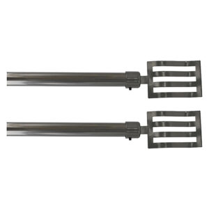 Two graphite adjustable curtain rods with flat rectangular slatted finials, sold as a 2-pack