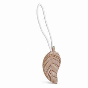 Single natural wood leaf magnetic curtain tieback on a white background