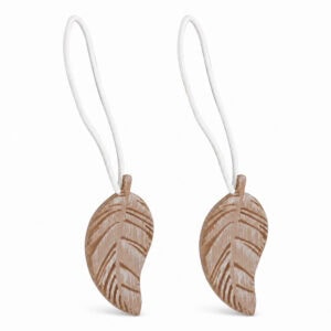 Set of 2 natural wood leaf magnetic curtain tiebacks on a white background